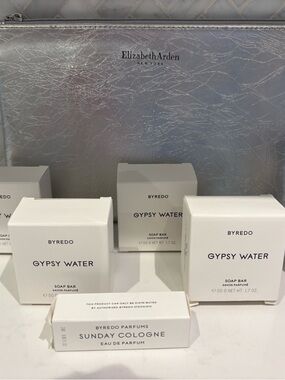 Elizabeth Arden Silver Metallic Cosmetic Pouch with Byredo Gypsy Water Soaps